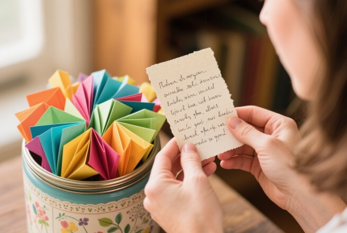 Decorated jar filled with colorful appreciation notes, one being unfolded