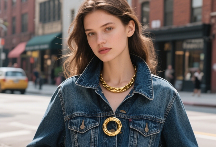 Delicate gold hoop earrings on casual denim jacket