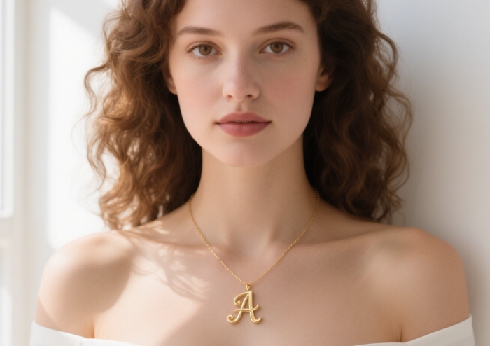 Delicate gold initial necklace resting on a woman's collarbone, soft sunlight