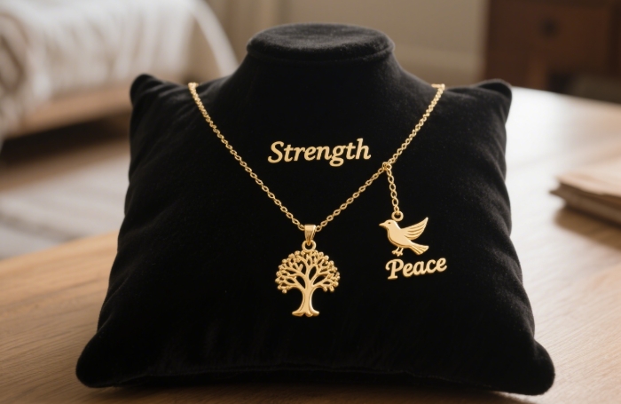 Delicate gold necklace with a symbolic charm (tree for strength, bird for peace) on velvet, signifying deep apology and hope
