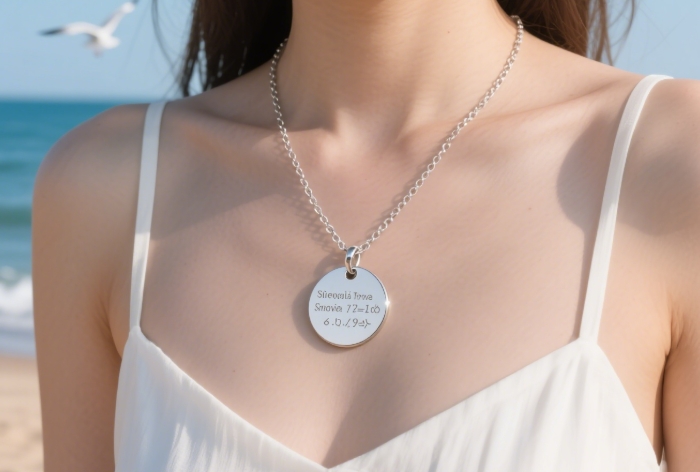 Delicate personalized necklace with engraved coordinates of a special travel location
