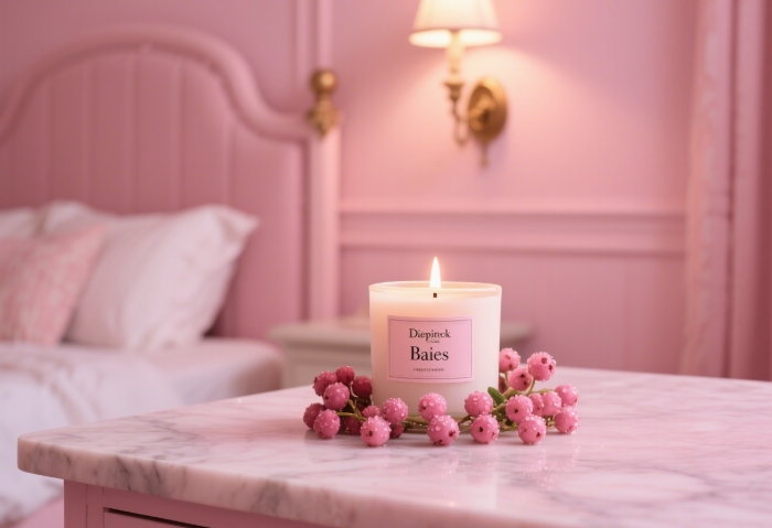 Diptyque Baies candle beside spilled berries on marble