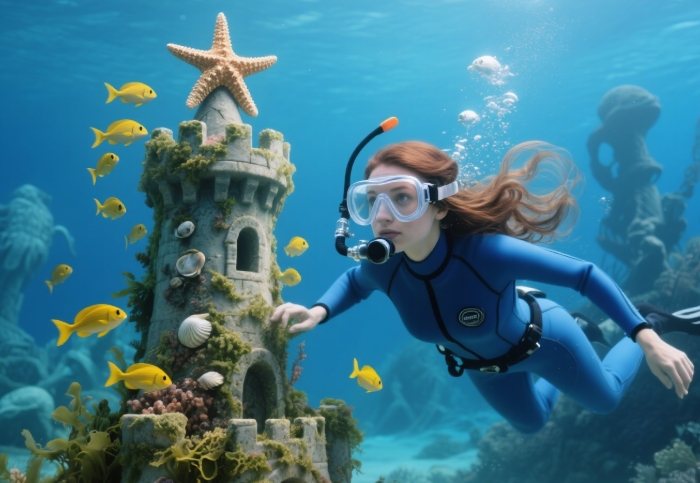  Diver exploring underwater sculpture park installation covered in marine growth