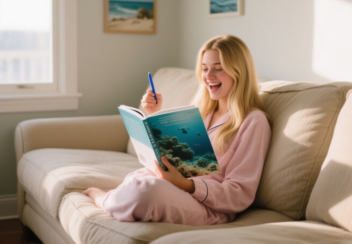 Diver planning next trip with annual dive destination guidebook subscription