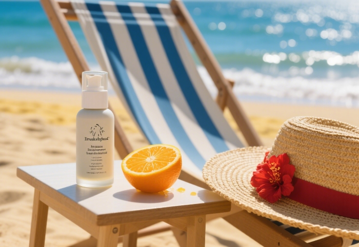 Drunk Elephant Vitamin C serum for brightening skin, with citrus accents, perfect for summer skincare