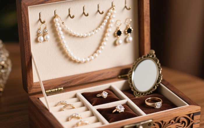 Elegant jewelry box or desk organizer with items neatly arranged
