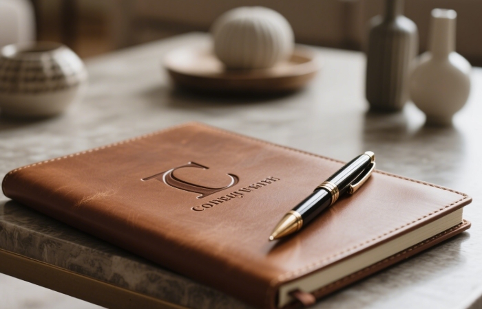 Elegant leather journal with subtle embossed initials beside a quality pen, suggesting space for reflection after conflict