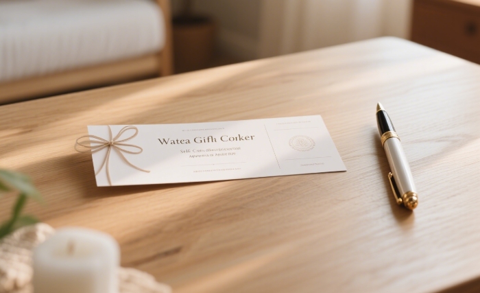 Elegant spa gift certificate or online bookstore voucher, representing a self-care focused apology gift just for her