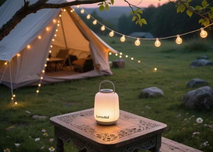 Enchanting luxury camping lighting gift setup: LuminAID PackLite lantern and Luci string lights creating warm ambiance at a glampsite at dusk