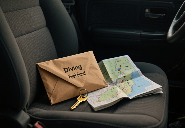 Envelope with dive trip cash gift beside customized local scuba site map