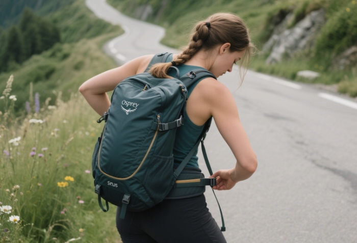 Female hiker adjusting Osprey Sirrus 36 pack on mountain trail