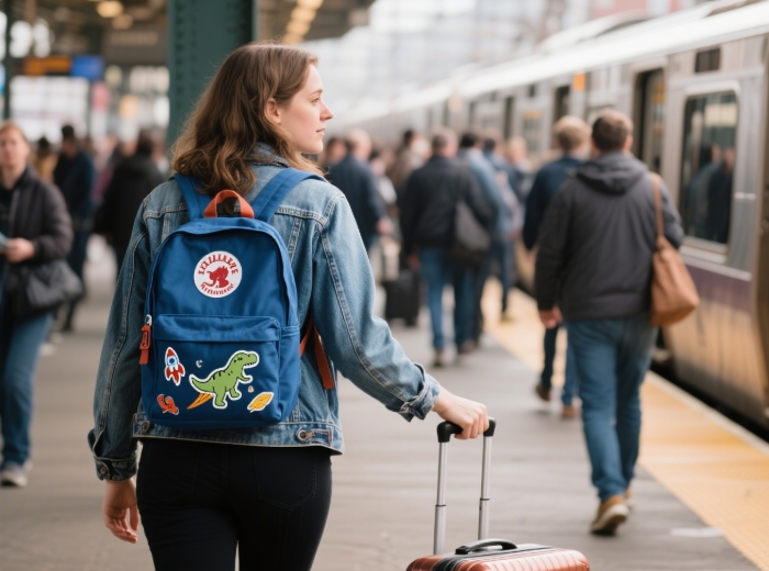Fjallraven Kanken mini backpack with adventure-themed stickers