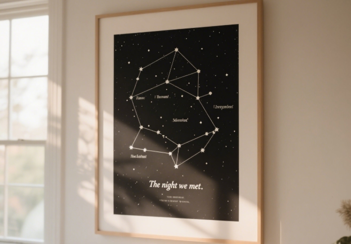 Framed custom star map print accurately depicting the sky on a meaningful romantic date