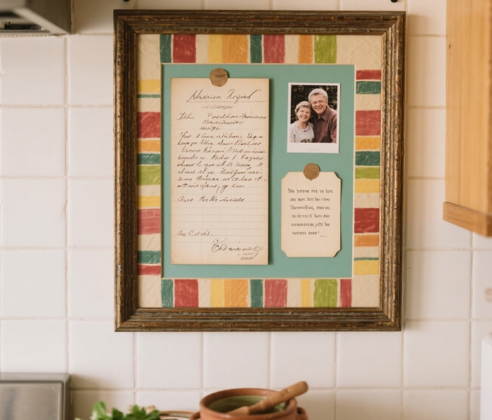 Framed display of handwritten family recipe, photo, and note in a kitchen