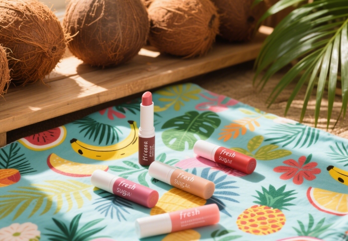 Fresh Sugar Lip Balm Trio with SPF for hydrated, tinted summer lips, tropical styling