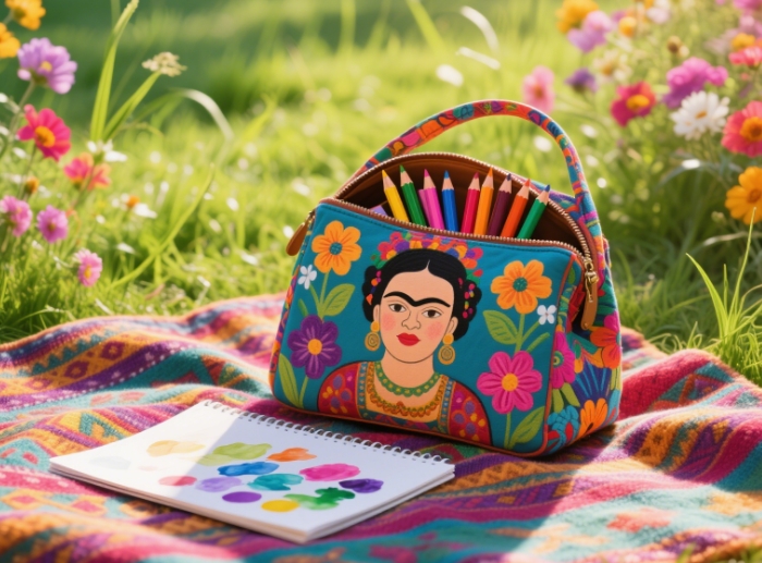 Frida Kahlo tote carrying colored pencils and watercolor pad on picnic blanket in spring