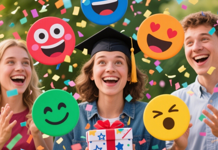 Funny graduation gift video message with confetti and emojis.