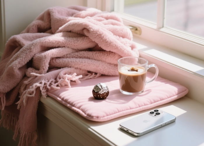Fuzzy blanket bundle with hot cocoa bombs & true crime podcast on phone