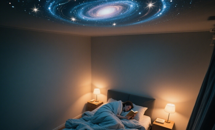 Galaxy projector lamp creating a dreamy starry night effect in a bedroom