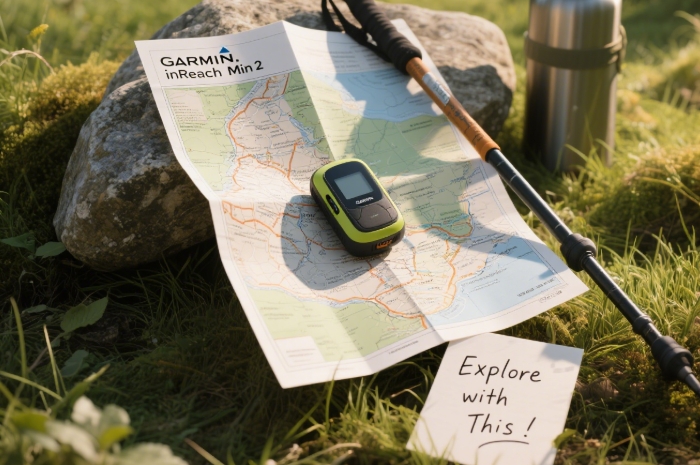 Garmin inReach Mini 2 device on a map near hiking gear