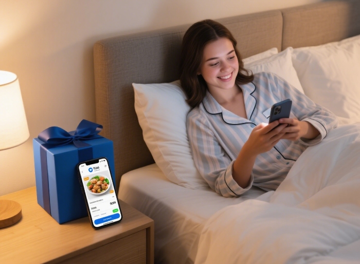 Gift card and phone showing Thai food delivery app