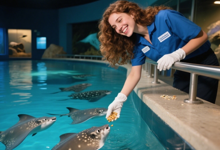 Girlfriend feeding stingrays during behind-the-scenes aquarium tour, hands-on marine life experience
