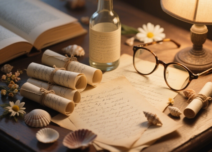 Glass bottle filled with tiny handwritten scrolls and miniature sentimental trinkets symbolizing relationship memories