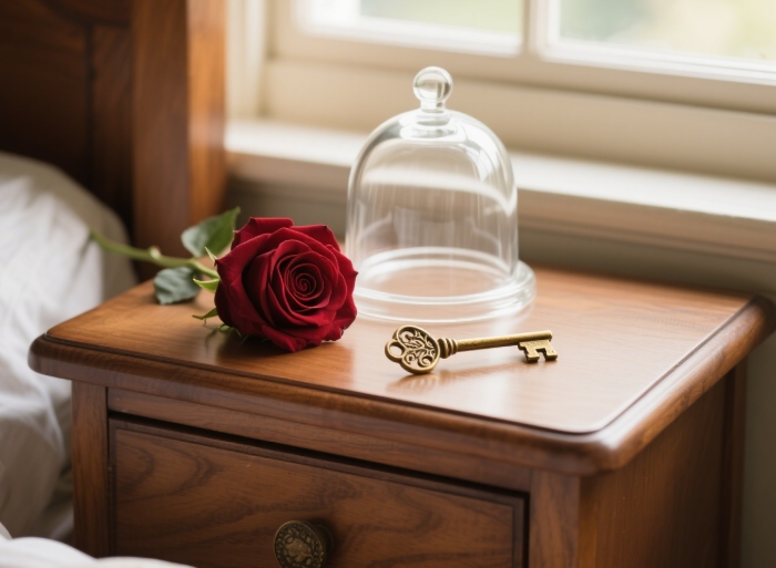 Glass dome with deep red preserved rose beside a vintage brass key on a nightstand
