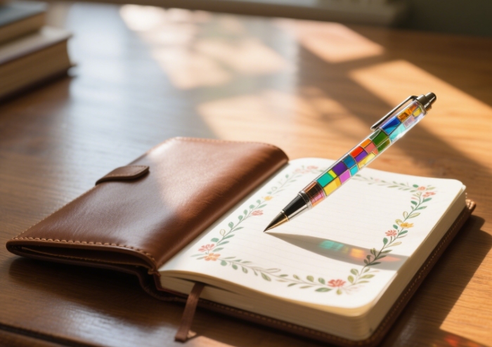 Glass fountain pen drawing floral border in journal, sunlight catching colored glass veins