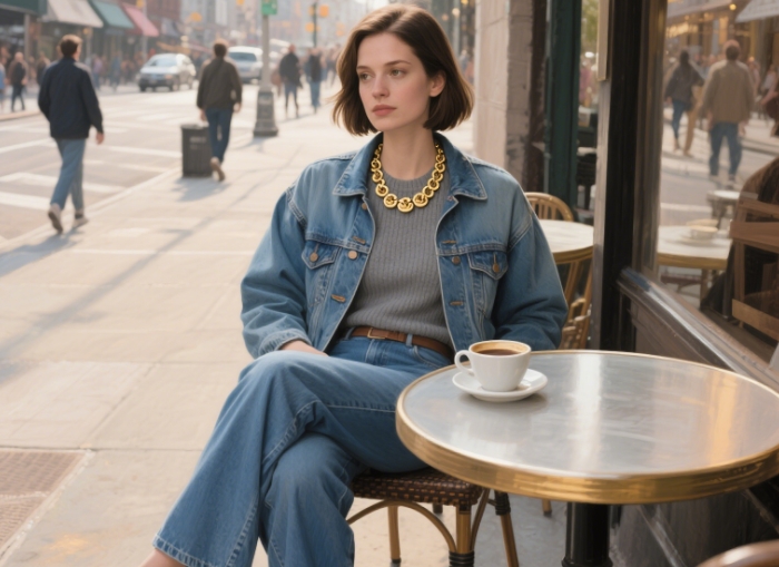 Gold dumpling necklace layered with thin chains on woman wearing denim jacket, urban street style