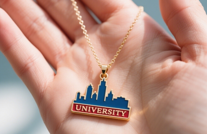 Gold necklace with silhouette charm of college campus skyline.