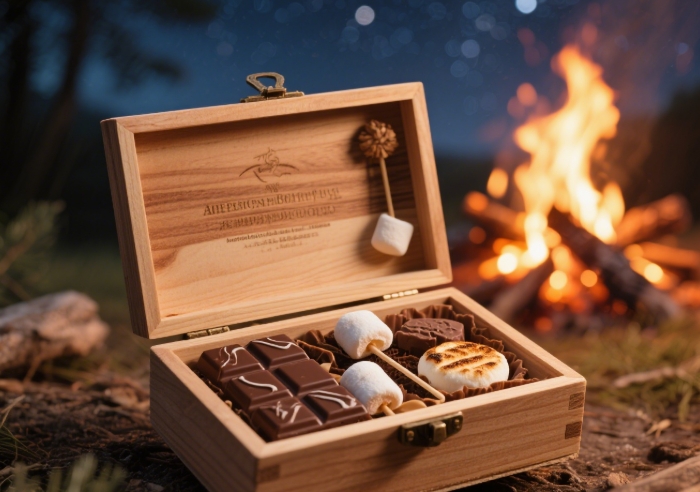 Gourmet artisan s'mores kit in wooden gift box for couples camping glamping - romantic getaway gift