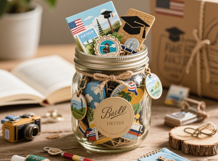 Graduation adventure fund gift jar with travel accessories.