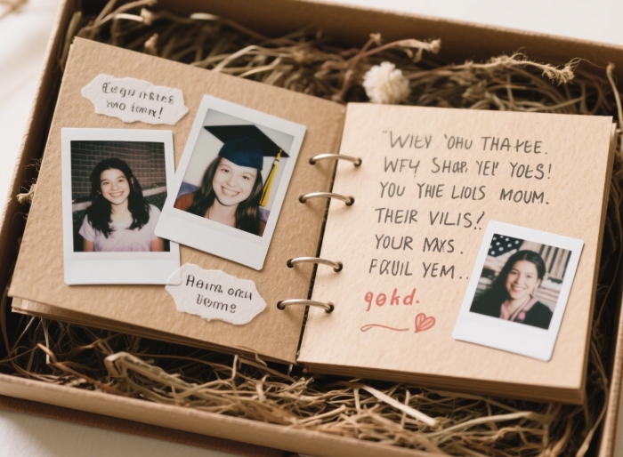 Graduation photo album gift with polaroids and silly captions.