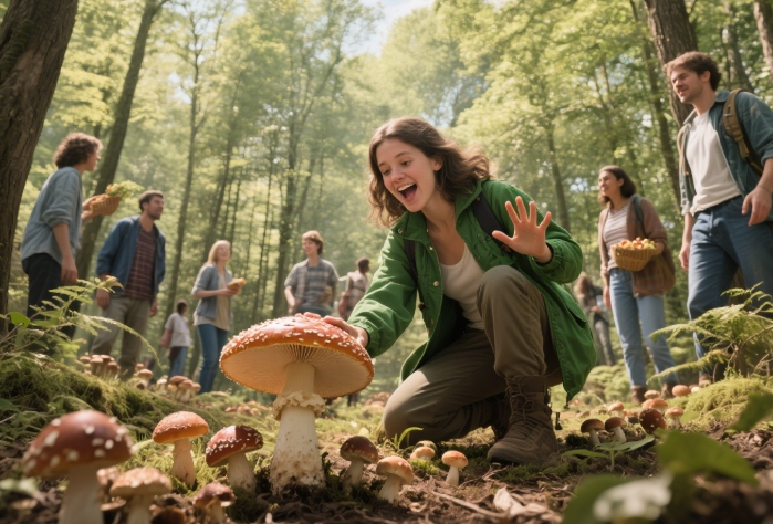 Group foraging for mushrooms in a sun-dappled forest