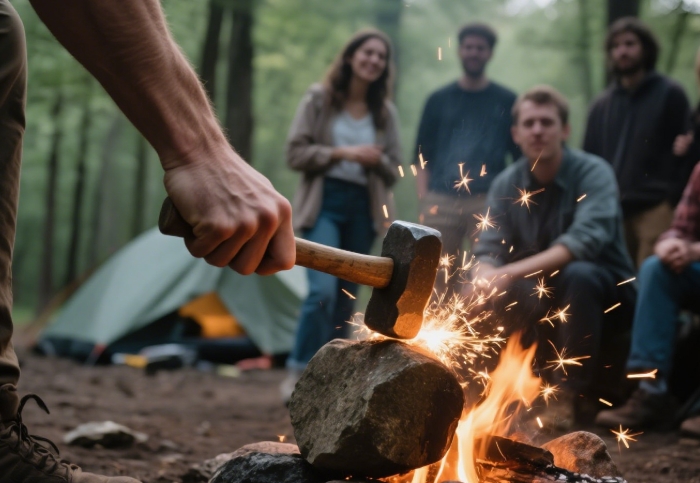 Group learning fire starting with ferro rod in wilderness survival course - adventurous anniversary gift