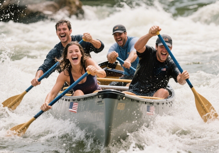 Group whitewater rafting through exciting rapids - thrilling anniversary adventure gift for couples