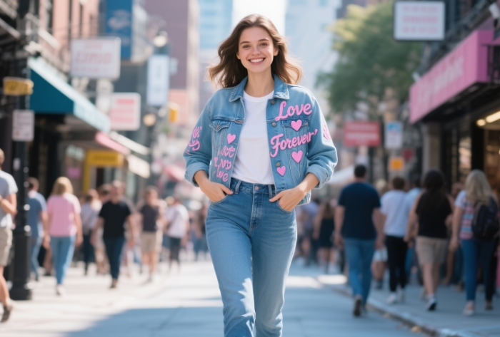 Hand-embroidered denim jacket with personal text, trendy anniversary gift under $350