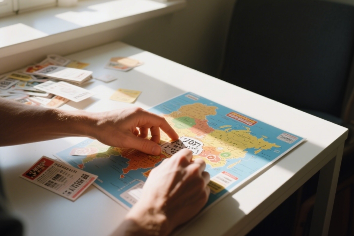 Hand scratching off Yosemite on map, park tickets scattered