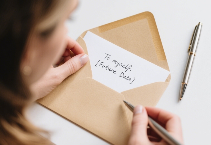 Hand sealing envelope addressed To Myself with a future date