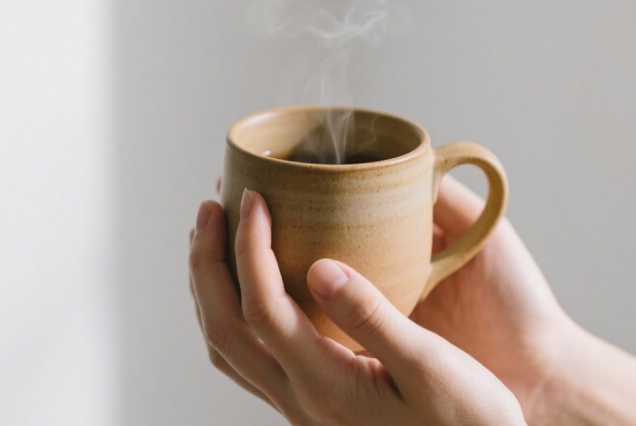 Handcrafted minimalist stoneware mug held in hands with morning coffee steam rising