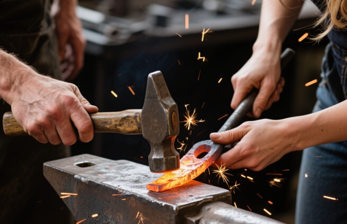 Hands forging a knife from hot metal at an anvil - unique adventurous anniversary gift workshop