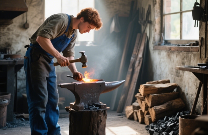 Hands hammering red-hot metal in a blacksmithing workshop