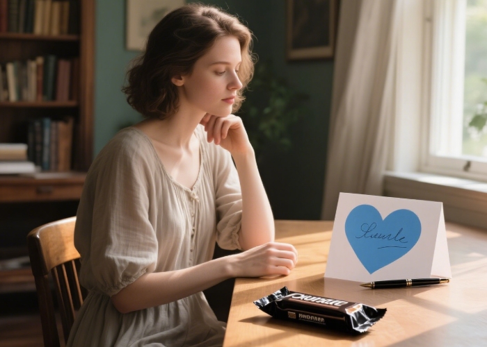 Handwritten card with heart next to chocolate bar