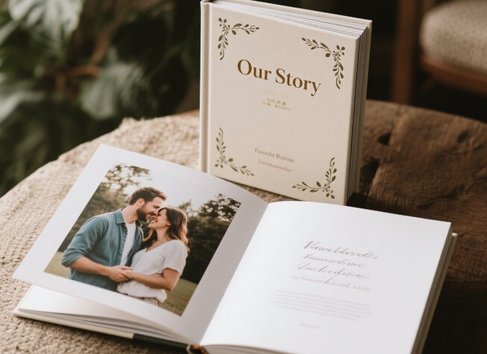 Hardcover custom book titled Our Love Story open to a page with couple photos