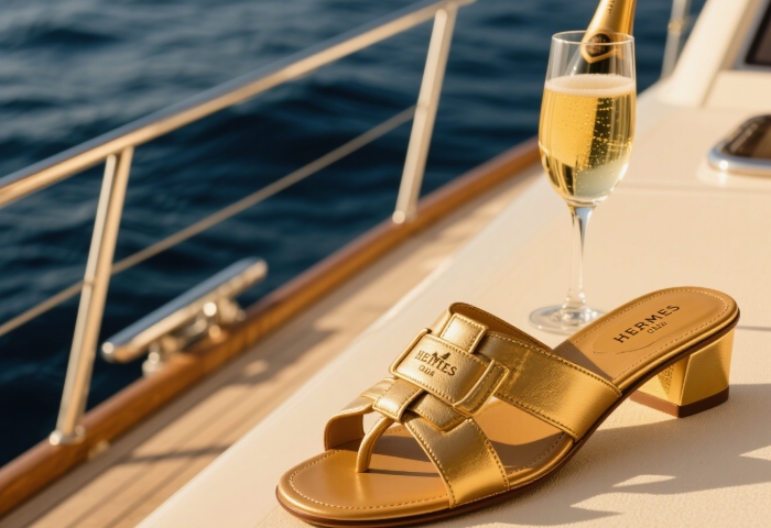 Hermès Oran sandals summer styling, luxury gold sandals for high-end beach vibes