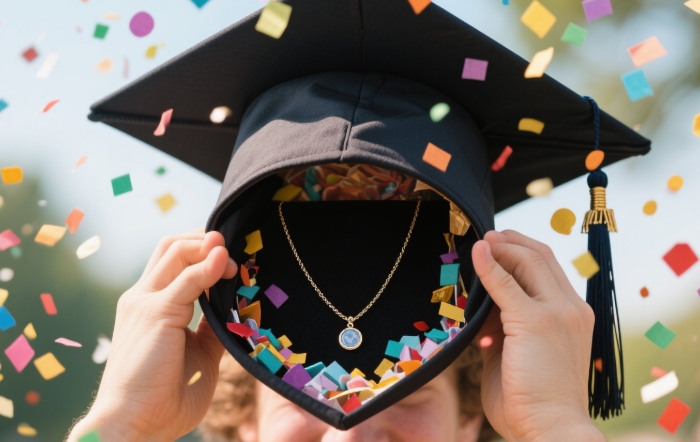 Hidden surprise graduation gift inside graduation cap with confetti.