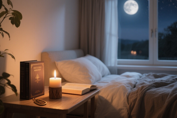 High-end scented candle with wooden wick burning in a cozy bedroom setting