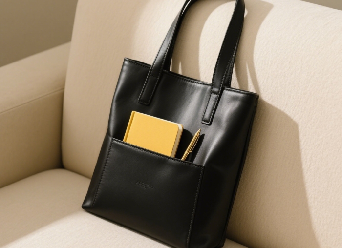 High-quality minimalist leather tote bag standing structured with notebook inside on desk