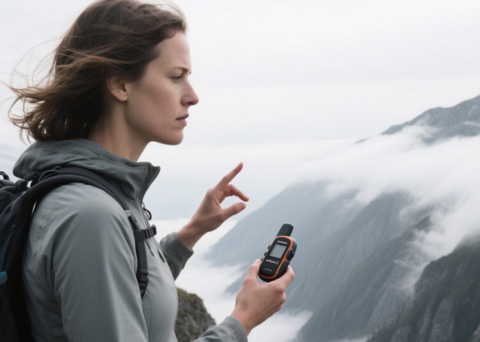 Hiker sending message via Garmin inReach Mini 3 in remote mountain area